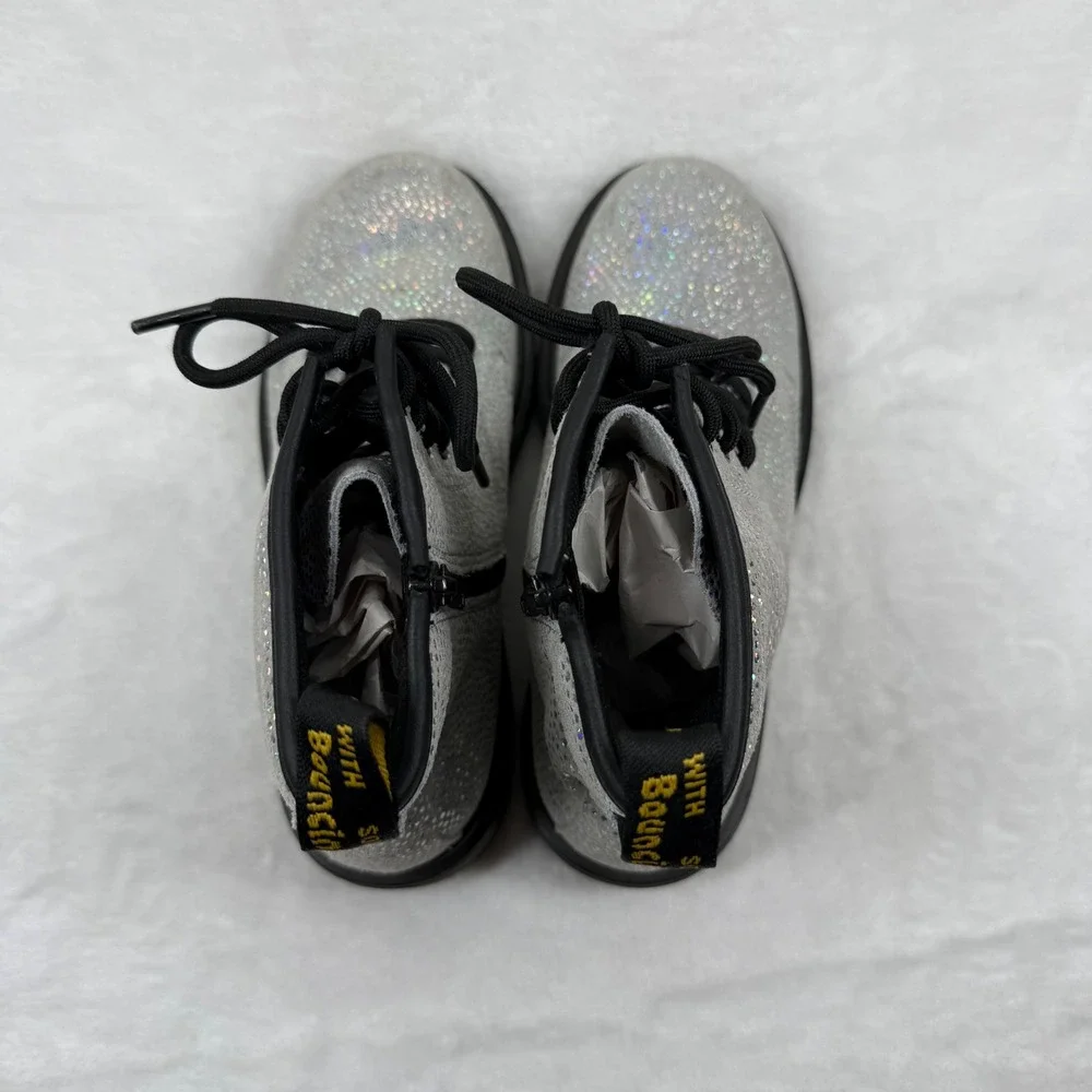 Dr. Martens 1460‎ Silver Holo Glitter Combat Boots Side Zip Kids Shoes M4 L5